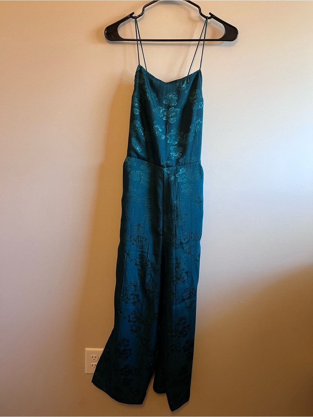 Urban Outfitters Teal Satin Floral Jumpsuit with Spaghetti Straps